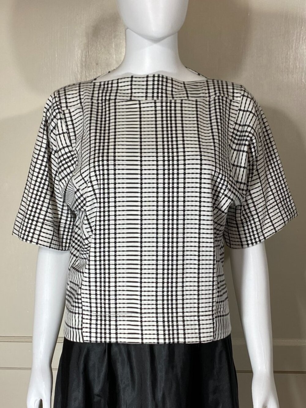 SARAH BIBB Folly PDX Design Plaid Grid Boxy Short Sleeve Top Blouse XS Handmade
